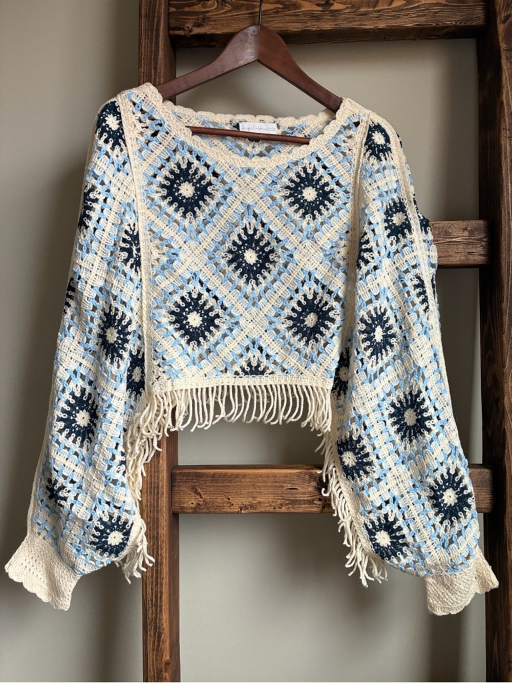 House of Harlow 1960 Crocheted Poncho Sweater Boho Fringe OS